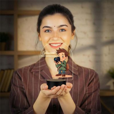 Personalized Photographer LED Night Light, Cartoon Boy with Camera Design, Warm White Acrylic Lamp Gift for Photographer Office & Home Decor Light